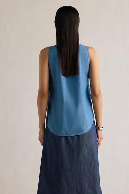 Buy_Mellowdrama_Blue Cotton Embroidery Collared Hand Tucked Shirt_Online_at_Aza_Fashions