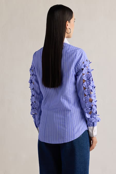 Shop Mellowdrama Blue Cotton Cut Work Collared 3d Floral Sleeve Shirt at Aza Fashions Shop_Mellowdrama_Blue Cotton Cut Work Collared 3d Floral Sleeve Shirt_at_Aza_Fashions
