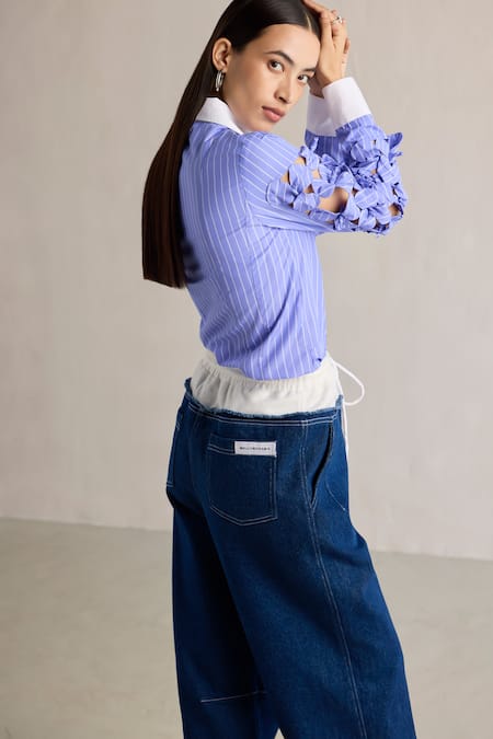 Mellowdrama Blue Cotton Cut Work Collared 3d Floral Sleeve Shirt Online at Aza Fashions Mellowdrama_Blue Cotton Cut Work Collared 3d Floral Sleeve Shirt_Online_at_Aza_Fashions