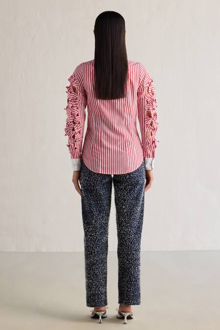 Shop_Mellowdrama_Red Cotton Cut Work Collared Striped 3d Sleeve Shirt_at_Aza_Fashions