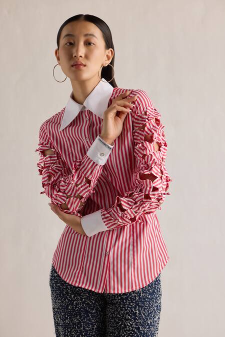 Mellowdrama_Red Cotton Cut Work Collared Striped 3d Sleeve Shirt_Online_at_Aza_Fashions