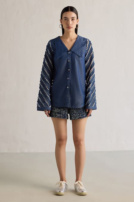 Mellowdrama_Blue Cotton Lace Button-down Neck Insert Sleeve Shirt_Online_at_Aza_Fashions