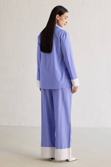 Shop_Mellowdrama_Blue Cotton Embroidery Collared Striped Shirt And Pant Set_at_Aza_Fashions