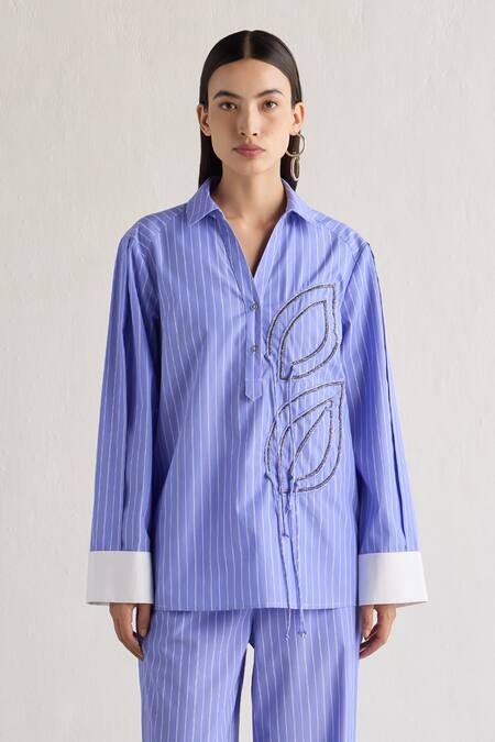 Mellowdrama_Blue Cotton Embroidery Collared Striped Shirt And Pant Set_Online_at_Aza_Fashions