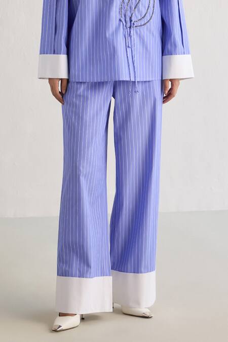 Buy_Mellowdrama_Blue Cotton Embroidery Collared Striped Shirt And Pant Set_Online_at_Aza_Fashions