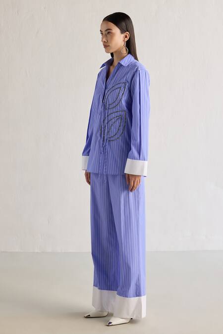 Shop_Mellowdrama_Blue Cotton Embroidery Collared Striped Shirt And Pant Set_Online_at_Aza_Fashions