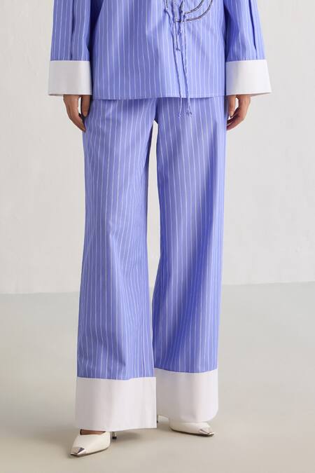 Mellowdrama Blue Cotton Striped Pull On Pant Online at Aza Fashions Mellowdrama_Blue Cotton Striped Pull On Pant_Online_at_Aza_Fashions