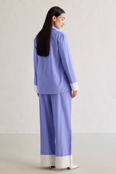 Shop Mellowdrama Blue Cotton Striped Pull On Pant at Aza Fashions Shop_Mellowdrama_Blue Cotton Striped Pull On Pant_at_Aza_Fashions