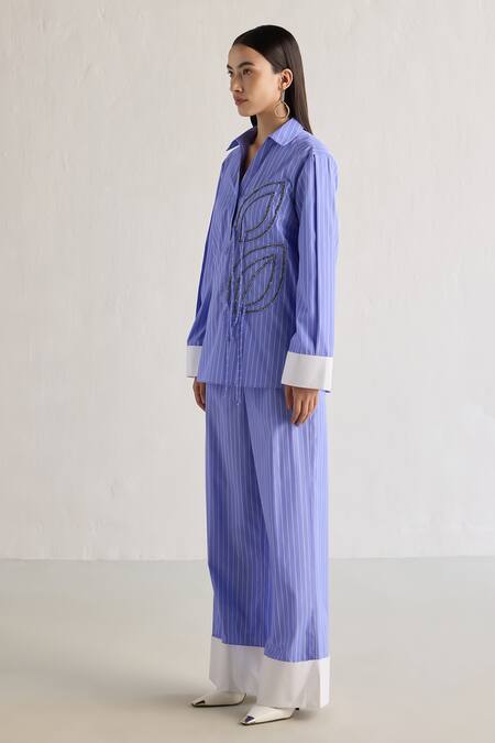 Buy Mellowdrama Blue Cotton Striped Pull On Pant Online at Aza Fashions Buy_Mellowdrama_Blue Cotton Striped Pull On Pant_Online_at_Aza_Fashions