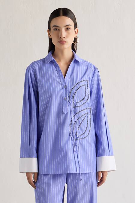 Mellowdrama Blue Cotton Embroidery Collared Button Down Striped Shirt Online at Aza Fashions Mellowdrama_Blue Cotton Embroidery Collared Button Down Striped Shirt_Online_at_Aza_Fashions