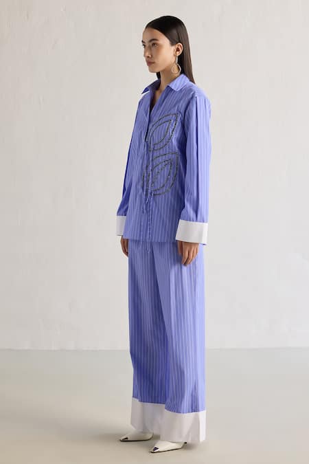 Buy Mellowdrama Blue Cotton Embroidery Collared Button Down Striped Shirt Online at Aza Fashions Buy_Mellowdrama_Blue Cotton Embroidery Collared Button Down Striped Shirt_Online_at_Aza_Fashions