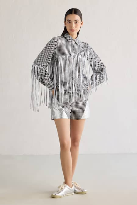 Mellowdrama Black 100% Cotton Collared Foil Fringed Checkered Shirt And Shorts Sets 