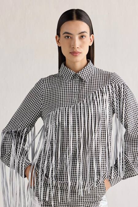 Mellowdrama Black Cotton Fringe Collared Foil Checkered Shirt Online at Aza Fashions Mellowdrama_Black Cotton Fringe Collared Foil Checkered Shirt_Online_at_Aza_Fashions