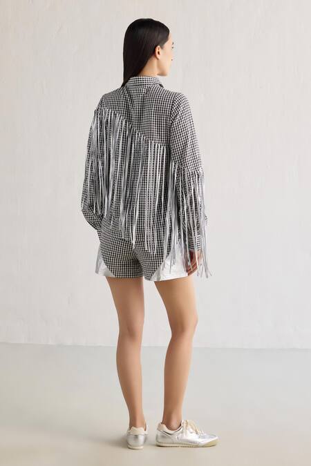 Shop Mellowdrama Black Cotton Fringe Collared Foil Checkered Shirt at Aza Fashions Shop_Mellowdrama_Black Cotton Fringe Collared Foil Checkered Shirt_at_Aza_Fashions
