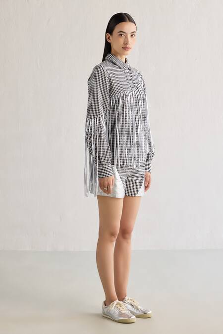 Buy Mellowdrama Black Cotton Fringe Collared Foil Checkered Shirt Online at Aza Fashions Buy_Mellowdrama_Black Cotton Fringe Collared Foil Checkered Shirt_Online_at_Aza_Fashions
