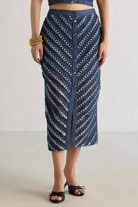 Mellowdrama Blue Cotton Lace Collared Elasticated Hem Shirt And Skirt Sets Online at Aza Fashions Mellowdrama_Blue Cotton Lace Collared Elasticated Hem Shirt And Skirt Sets_Online_at_Aza_Fashions