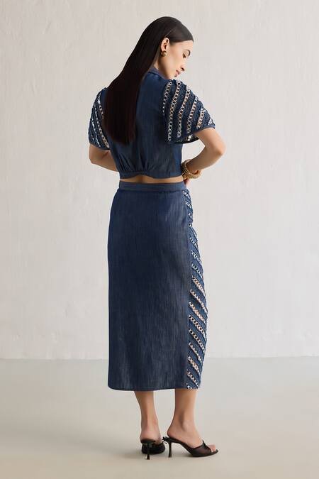 Shop Mellowdrama Blue Cotton Lace Collared Elasticated Hem Shirt And Skirt Sets at Aza Fashions Shop_Mellowdrama_Blue Cotton Lace Collared Elasticated Hem Shirt And Skirt Sets_at_Aza_Fashions