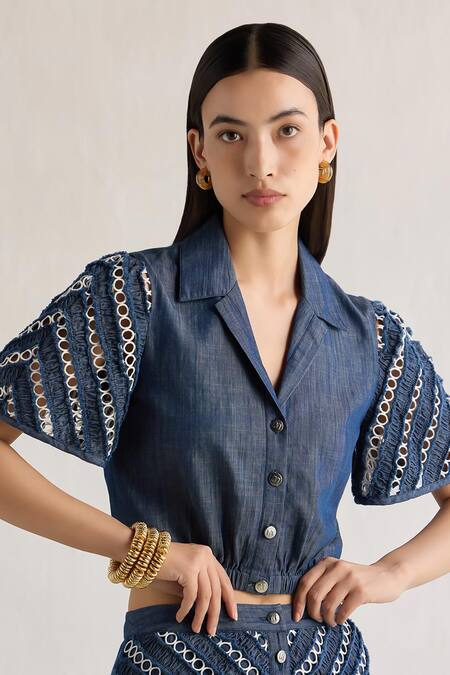 Buy Mellowdrama Blue Cotton Lace Collared Elasticated Hem Shirt And Skirt Sets Online at Aza Fashions Buy_Mellowdrama_Blue Cotton Lace Collared Elasticated Hem Shirt And Skirt Sets_Online_at_Aza_Fashions