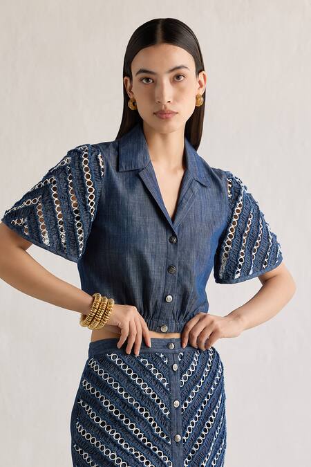 Mellowdrama_Blue Cotton Embroidery Collared Engineered Lace Insert Shirt_Online_at_Aza_Fashions