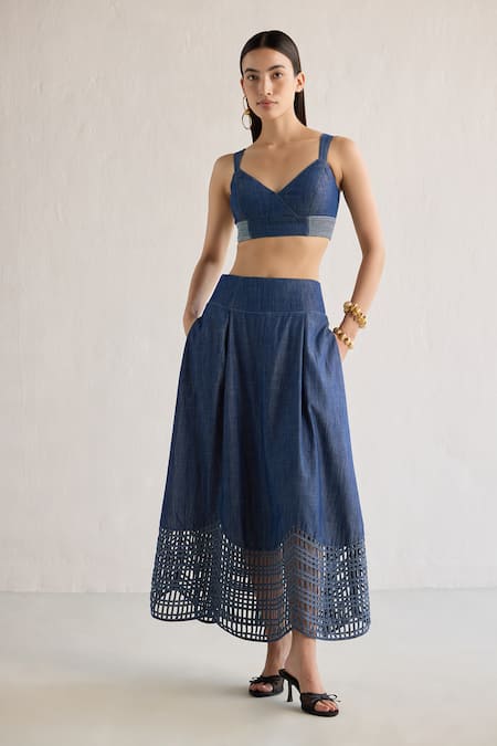 Mellowdrama Blue 100% Cotton Sweetheart Smocked Hem Bralette And Skirt Set 