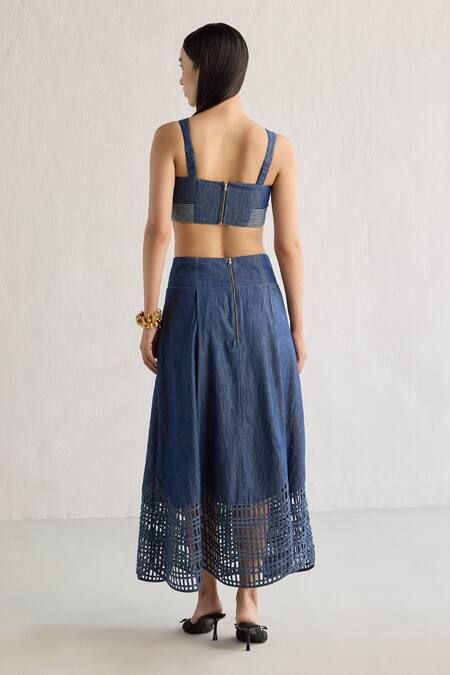 Shop Mellowdrama Blue Cotton Sweetheart Neck Smocked Hem Bralette And Skirt Set at Aza Fashions Shop_Mellowdrama_Blue Cotton Sweetheart Neck Smocked Hem Bralette And Skirt Set_at_Aza_Fashions