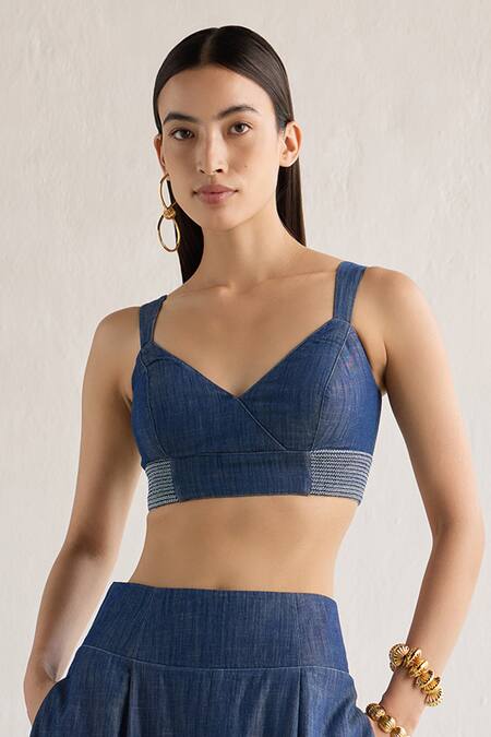 Mellowdrama Blue Cotton Sweetheart Neck Smocked Hem Bralette And Skirt Set Online at Aza Fashions Mellowdrama_Blue Cotton Sweetheart Neck Smocked Hem Bralette And Skirt Set_Online_at_Aza_Fashions