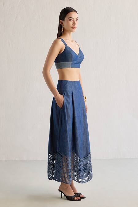 Shop Mellowdrama Blue Cotton Sweetheart Neck Smocked Hem Bralette And Skirt Set Online at Aza Fashions Shop_Mellowdrama_Blue Cotton Sweetheart Neck Smocked Hem Bralette And Skirt Set_Online_at_Aza_Fashions