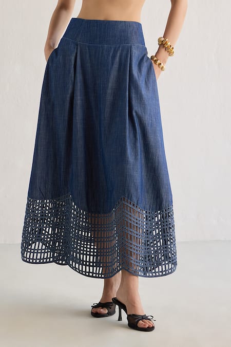 Mellowdrama_Blue 100% Cotton Weave Pattern Midi Skirt _Online_at_Aza_Fashions
