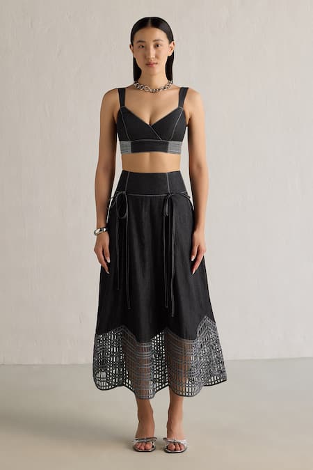 Mellowdrama Black 100% Cotton Sweetheart Smocked Hem Bralette With Skirt 