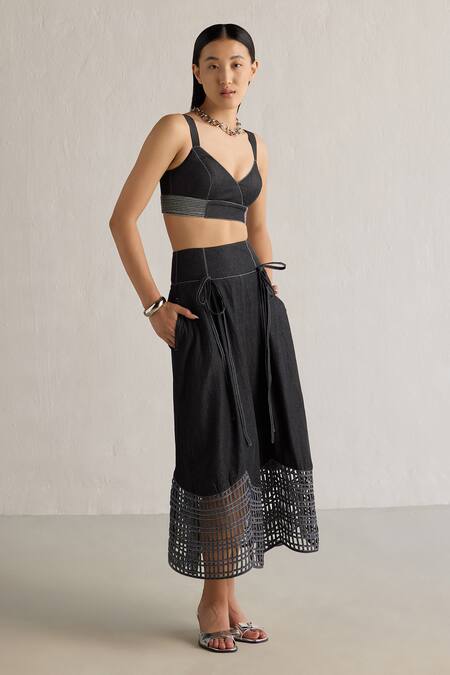Shop_Mellowdrama_Black Cotton Sweetheart Neck Smocked Hem Bralette With Skirt_Online_at_Aza_Fashions