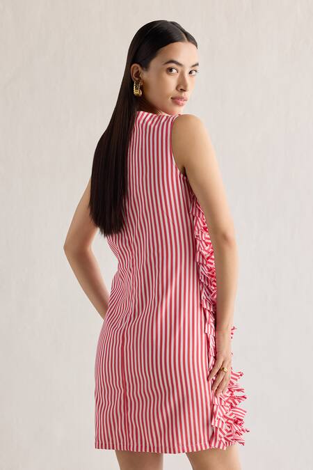 Shop_Mellowdrama_Red Cotton Ruffles Round Neck Stripe Pattern Short Dress_at_Aza_Fashions