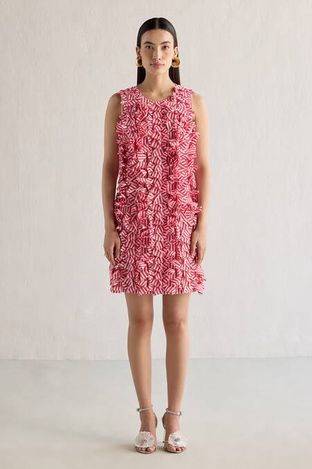 Shop_Mellowdrama_Red Cotton Ruffles Round Neck Stripe Pattern Short Dress_Online_at_Aza_Fashions