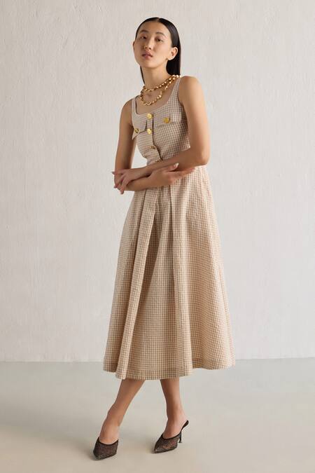 Mellowdrama Beige Cotton Round Neck Checks Pattern Midi Dress Online at Aza Fashions Mellowdrama_Beige Cotton Round Neck Checks Pattern Midi Dress_Online_at_Aza_Fashions