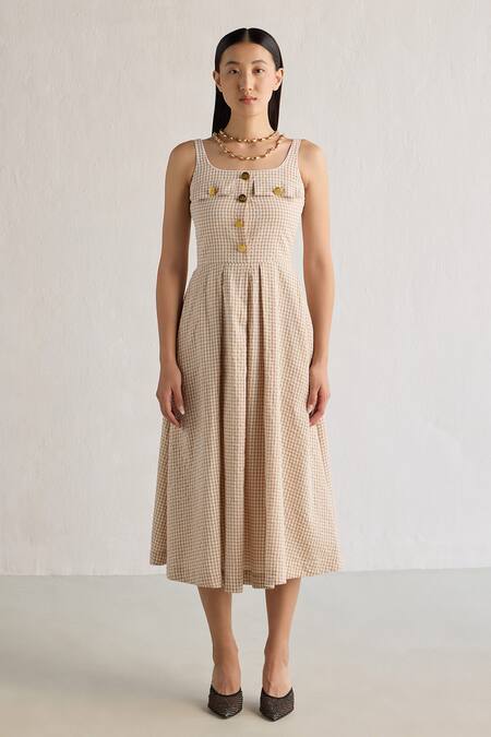 Buy Mellowdrama Beige Cotton Round Neck Checks Pattern Midi Dress Online at Aza Fashions Buy_Mellowdrama_Beige Cotton Round Neck Checks Pattern Midi Dress_Online_at_Aza_Fashions