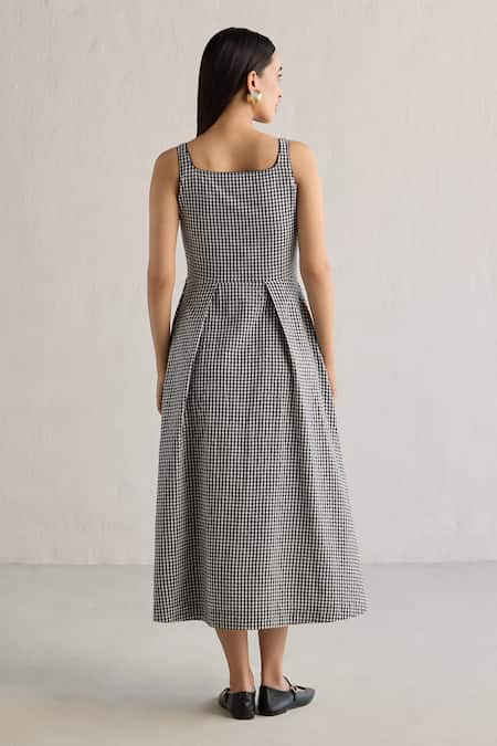 Shop Mellowdrama Black Cotton Round Neck Checks Pattern Midi Dress at Aza Fashions Shop_Mellowdrama_Black Cotton Round Neck Checks Pattern Midi Dress_at_Aza_Fashions