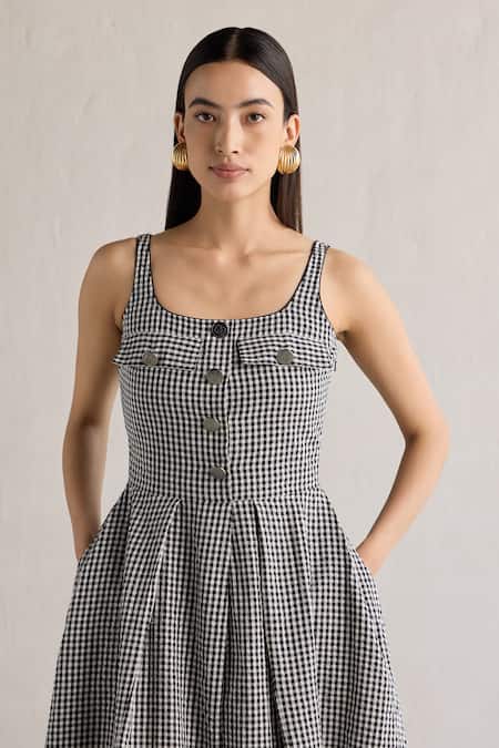 Mellowdrama Black Cotton Round Neck Checks Pattern Midi Dress Online at Aza Fashions Mellowdrama_Black Cotton Round Neck Checks Pattern Midi Dress_Online_at_Aza_Fashions