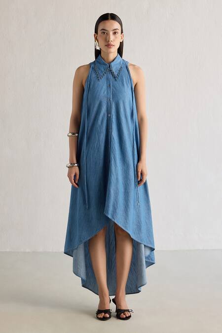 Mellowdrama_Blue Cotton Crystals Collared Droplets Detailed Dress_Online_at_Aza_Fashions