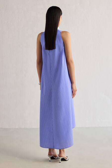 Shop Mellowdrama Blue Cotton Crystals Collared Contrast Asymmetric Dress at Aza Fashions Shop_Mellowdrama_Blue Cotton Crystals Collared Contrast Asymmetric Dress_at_Aza_Fashions