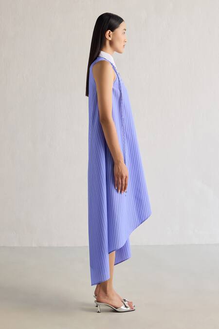 Mellowdrama Blue Cotton Crystals Collared Contrast Asymmetric Dress Online at Aza Fashions Mellowdrama_Blue Cotton Crystals Collared Contrast Asymmetric Dress_Online_at_Aza_Fashions
