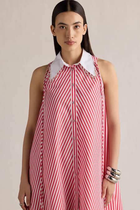 Mellowdrama_Red Cotton Crystals Collared Contrast Asymmetric Dress_Online_at_Aza_Fashions