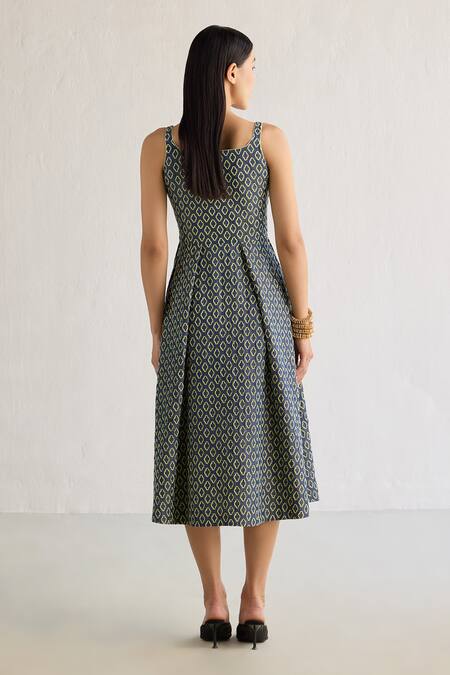 Shop Mellowdrama Blue Cotton Embroidery Round Neck Thread Midi Dress at Aza Fashions Shop_Mellowdrama_Blue Cotton Embroidery Round Neck Thread Midi Dress_at_Aza_Fashions