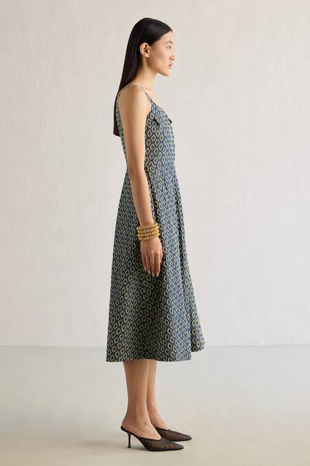 Buy Mellowdrama Blue Cotton Embroidery Round Neck Thread Midi Dress Online at Aza Fashions Buy_Mellowdrama_Blue Cotton Embroidery Round Neck Thread Midi Dress_Online_at_Aza_Fashions