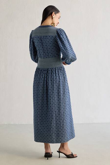 Shop Mellowdrama Blue Cotton Embroidery Round Neck Thread Midi Dress at Aza Fashions Shop_Mellowdrama_Blue Cotton Embroidery Round Neck Thread Midi Dress_at_Aza_Fashions