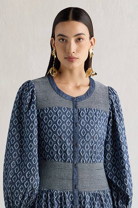 Mellowdrama Blue Cotton Embroidery Round Neck Thread Midi Dress Online at Aza Fashions Mellowdrama_Blue Cotton Embroidery Round Neck Thread Midi Dress_Online_at_Aza_Fashions