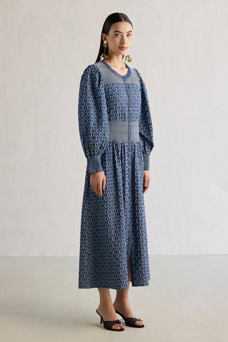 Buy Mellowdrama Blue Cotton Embroidery Round Neck Thread Midi Dress Online at Aza Fashions Buy_Mellowdrama_Blue Cotton Embroidery Round Neck Thread Midi Dress_Online_at_Aza_Fashions