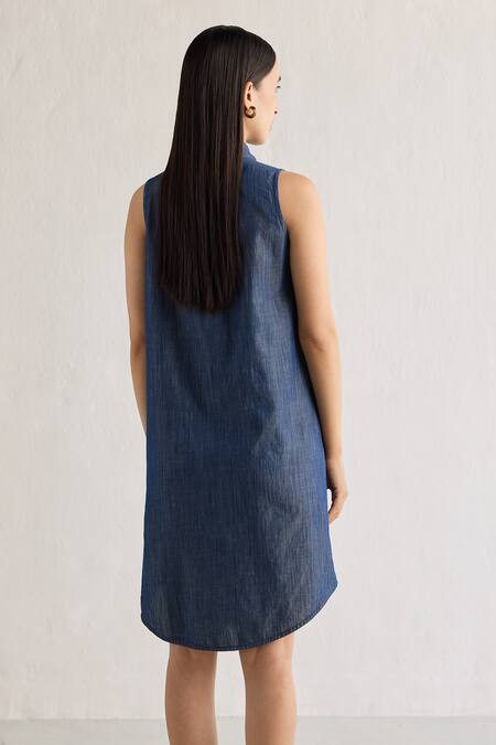 Shop Mellowdrama Blue Cotton Collared Hand Tuck Detailed Midi Dress at Aza Fashions Shop_Mellowdrama_Blue Cotton Collared Hand Tuck Detailed Midi Dress_at_Aza_Fashions