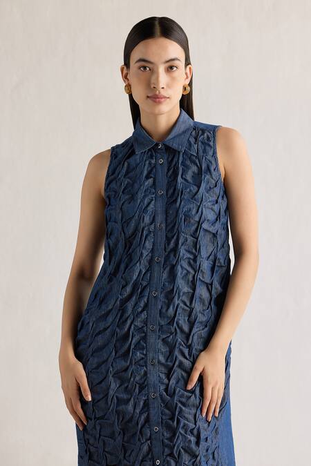 Mellowdrama Blue Cotton Collared Hand Tuck Detailed Midi Dress Online at Aza Fashions Mellowdrama_Blue Cotton Collared Hand Tuck Detailed Midi Dress_Online_at_Aza_Fashions