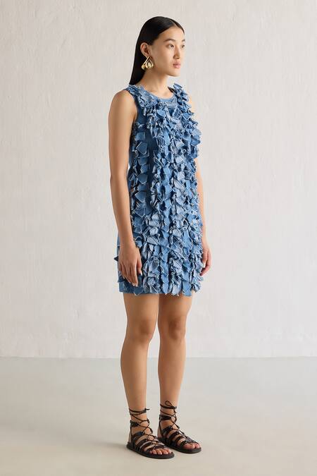 Buy_Mellowdrama_Blue Cotton Round Neck Short Dress_Online_at_Aza_Fashions