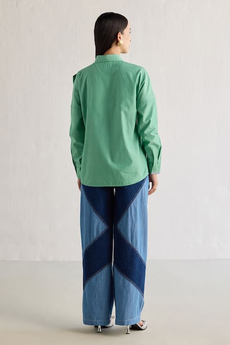 Shop_Mellowdrama_Blue 100% Cotton Color Block Pant _at_Aza_Fashions
