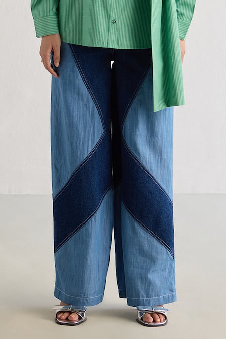Buy_Mellowdrama_Blue 100% Cotton Color Block Pant _Online_at_Aza_Fashions